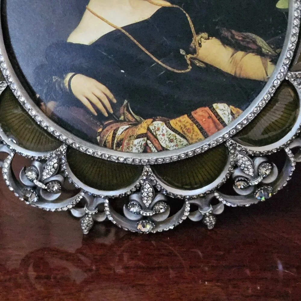 RARE JAY STRONGWATER GREEN FLEUR DE LIS TIARA SCROLL CRYSTAL ENAMEL ROUND FRAME